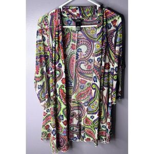 Ali Miles Womens Large Multi Color Paisley Mesh Open Front Cardigan Layering Top